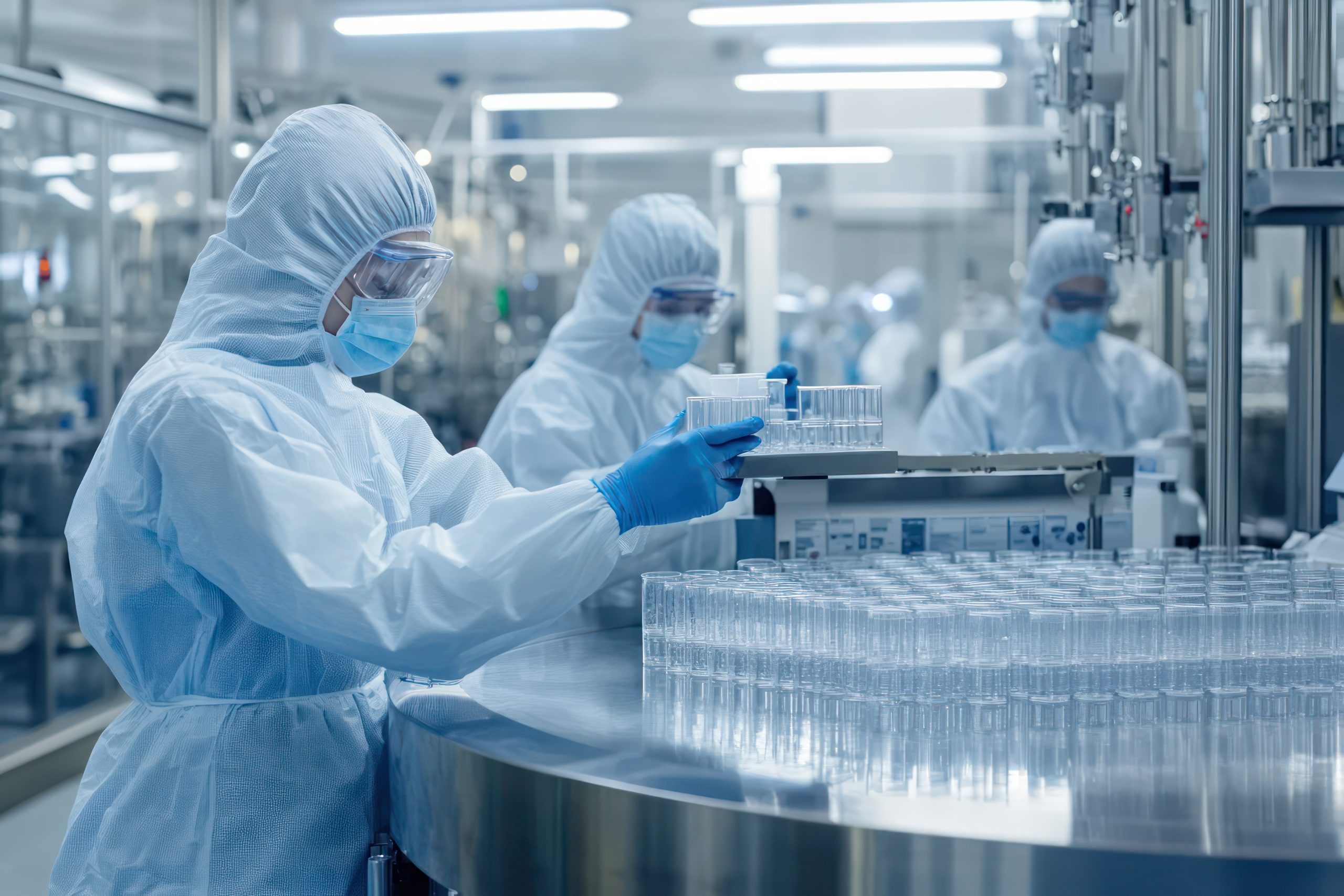 Wissenschaftler in Schutzanzügen inspizieren Flaschen in einer sterilen Laborumgebung.